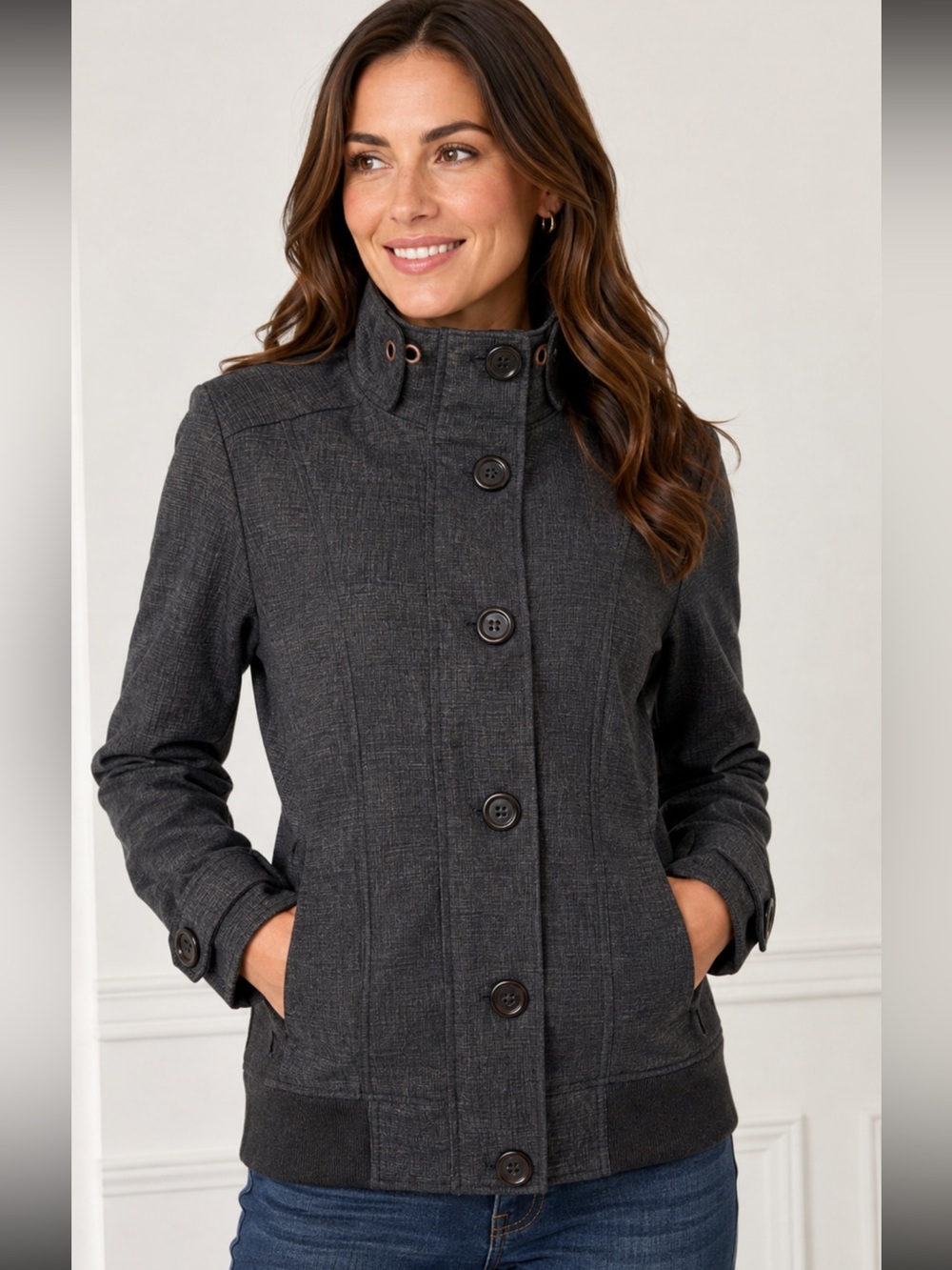 MEC Charcoal Button-Front Stand-Collar Jacket lined great for Fall. Size Large
